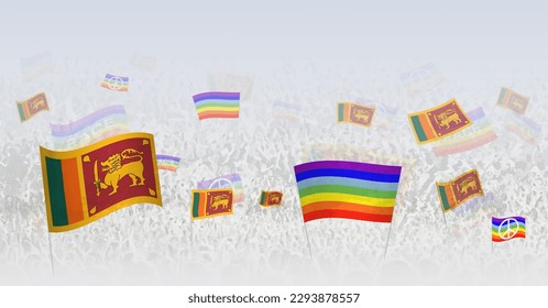 People waving Peace flags and flags of Sri Lanka. Illustration of throng celebrating or protesting with flag of Sri Lanka and the peace flag. Vector illustration.