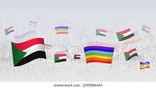 People waving Peace flags and flags of Sudan. Illustration of throng celebrating or protesting with flag of Sudan and the peace flag. Vector illustration.