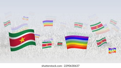 People waving Peace flags and flags of Suriname. Illustration of throng celebrating or protesting with flag of Suriname and the peace flag. Vector illustration.