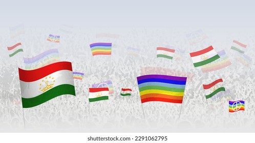 People waving Peace flags and flags of Tajikistan. Illustration of throng celebrating or protesting with flag of Tajikistan and the peace flag. Vector illustration.