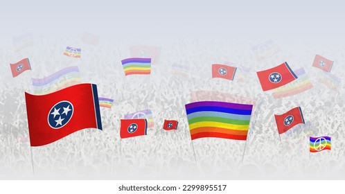 People waving Peace flags and flags of Tennessee. Illustration of throng celebrating or protesting with flag of Tennessee and the peace flag. Vector illustration.