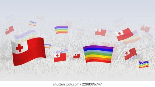People waving Peace flags and flags of Tonga. Illustration of throng celebrating or protesting with flag of Tonga and the peace flag. Vector illustration.