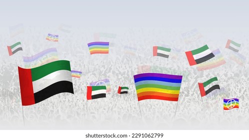 People waving Peace flags and flags of United Arab Emirates. Illustration of throng celebrating or protesting with flag of United Arab Emirates and the peace flag. Vector illustration.
