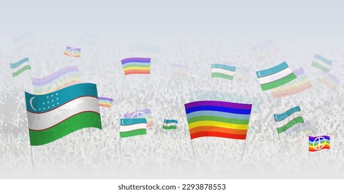 People waving Peace flags and flags of Uzbekistan. Illustration of throng celebrating or protesting with flag of Uzbekistan and the peace flag. Vector illustration.