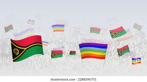 Menschen, die Friedensflaggen und Flaggen von Vanuatu winkten. Illustration des starken Feierns oder Protestens mit der Fahne von Vanuatu und der Friedensflagge. Vektorgrafik.