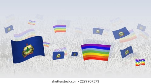 People waving Peace flags and flags of Vermont. Illustration of throng celebrating or protesting with flag of Vermont and the peace flag. Vector illustration.