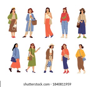 People wear casual clothes. Beautiful girl, fashion stylish female characters. Isolated young women spring autumn trendy outfit vector set