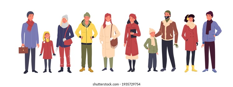 People wear casual winter clothes, man woman kid in trendy outerwear standing in row