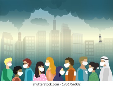 People wear face mask protecting from PM2.5 toxic air pollution and COVID-19 coronavirus. Ecology and environment effected to human health and lifestyle. 