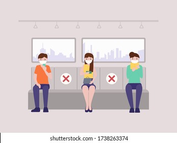 People wear face mask sitting in the train with social distance isolation seat for coronavirus, COVID-19, 2019-nCov outbreak spreading concept. New normal lifestyle concept vector illustration.