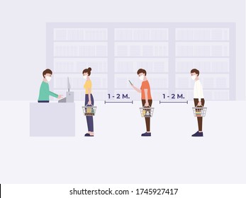 People wear face mask stand in the supermarket with social distance isolation for prevent coronavirus, COVID-19, 2019-nCov outbreak spreading concept. New normal lifestyle concept vector illustration