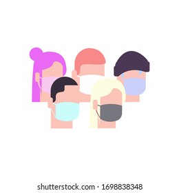 People wear face masks icon. Coronavirus flat design.  Group of people  wearing medical masks. Dust in air, flu epidemic concepts. Vector illustration