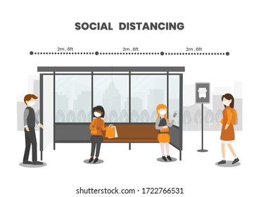 People wear face masks, sitting and standing at bus stop. Practice social (Physical) distancing by keep distance away and stay 6 feet (2 meters) from other, COVID-19 outbreak prevention. 