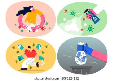 People wear facemasks and gloves against covid-19. Removal of disposable infected masks. Corona virus protection and safety measures. Disinfect and clean hands. Healthcare. Vector illustration. Set.