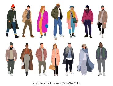 People wear fashion winter clothes. Men, women in outfits cold weather, coat, jacket, scarf, hat. Characters in modern street style apparel. Vector realistic illustration isolated on white background.