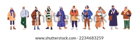 People wear fashion winter clothes. Men, women in outfits for cold weather, coat, jacket, scarf, hat. Characters in modern warm apparel. Flat graphic vector illustration isolated on white background