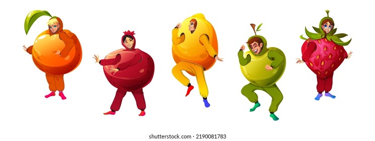 People wear fruit costumes, isolated orange, pomegranate, lemon, apple and strawberry personages. Cartoon funny characters dance and having fun on party or perform on theater scene Vector illustration