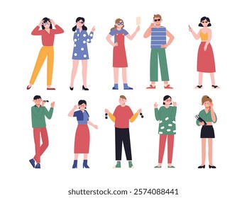 People wear glasses. Teenagers try fashion glasses, students in optic store. Ophthalmology, stylish young adults vision correction, splendid vector characters