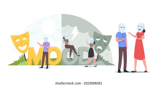 People Wear Good or Bad Mood Masks, Hypocrisy Concept. Man and Woman in Smiling and Sad Crying Masks. Male and Female Characters Lying to Each Other, Hide Real Emotions. Cartoon Vector Illustration