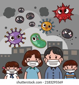 People wear mask in city with bad pollution environment. Various virus are fly in the air.