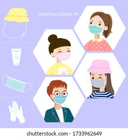 People wear mask and face shield to protect themselves from COVID-19. Healthcare vector illustration.