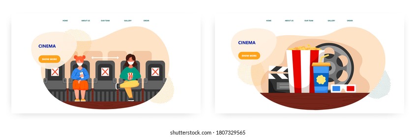 People wear mask and keep distance in a movie theater. Social distancing and coronavirus covid-19 prevention in cinema. Concept illustration. Vector web template. Popcorn, film reel, cinema glasses