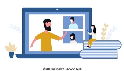 people wear a mask Online learning. School at workplace, video conference with the teacher at home 