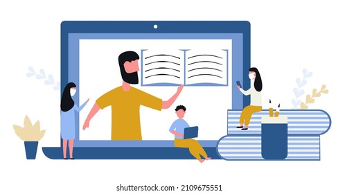 people wear a mask Online learning. School at workplace, video conference with the teacher at home 