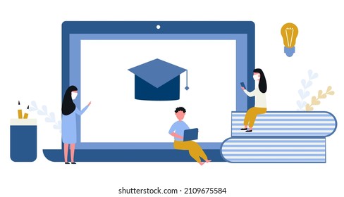 people wear a mask Online learning. School at workplace, video conference at home 