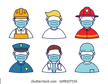 People wear mask protection from corona virus avatar character profession set, police, doctor, firefighter, surgery