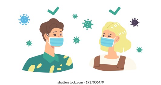 People Wear Mask Right Way Infographic. Correct Way to Wear Protective Facial Mask. Male and Female Characters Protecting from Dust or Coronavirus Cells Flying around. Cartoon Vector Illustration