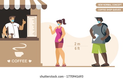  People wear medical mask and keep distance at coffee shop. Scalable and editable flat style vector illustration.