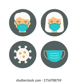 People wear Medical mask. Vector healthcare flat icons design with sign of man, woman, protection mask. Symbol of allergy