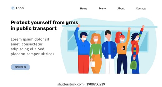 People wear medical masks on the bus. Protecting yourself from viruses. Landing page or banner template. Vector illustration