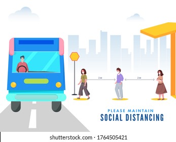 People wear Protective Mask in Queue of Traveling by Bus and Maintaining Social Distance to Prevent from Coronavirus (Covid-19).