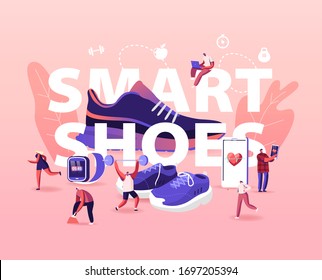 People Wear Smart Shoes Concept. Sports People Training in Iot Sneakers. Tiny Male and Female Characters Walking around Huge Footwear in Gym, High-tech Poster Banner Flyer Cartoon Vector Illustration