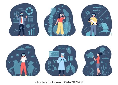 People wear vr glasses for entertainment. Virtual reality in life, work and free time. Ai technologies, person using digital applications recent vector scenes