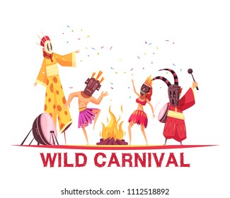 People wearing african costumes and dancing at wild carnival party cartoon vector illustration