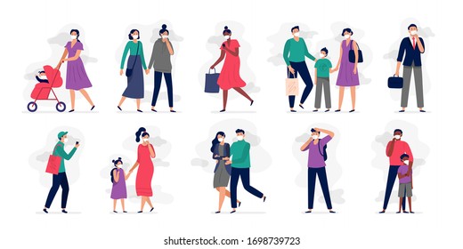 People wearing air pollution masks. Polluted environment problem, safety breathing face mask and city smog protection vector illustration set. People protection mask, protective against emission toxic