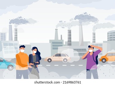 People wearing air pollution masks, smog and mist. Vector danger dust and toxic mist illustration, pollution of problem, protection again smoke