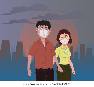 People wearing anti-pollution masks keep them safe. hand drawn style vector design illustrations.