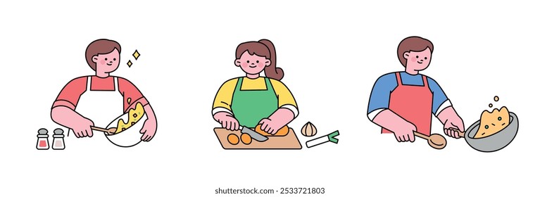 Pessoas vestindo aventais e cozinhando.Bonito rosto pessoas ilustração de personagem de parte superior do corpo com contorno.