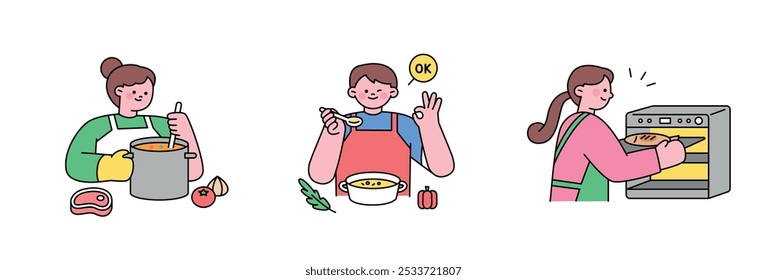 Personas con delantales y cocina. Ilustración de personaje de la parte superior del cuerpo de personas de cara linda con contorno.