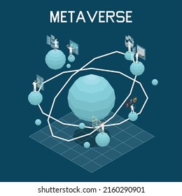 People wearing augmented reality headsets doing various activities in metaverse 3d isometric vector illustration