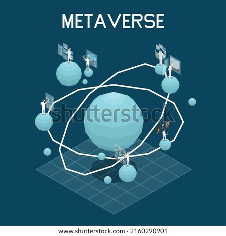 People wearing augmented reality headsets doing various activities in metaverse 3d isometric vector illustration