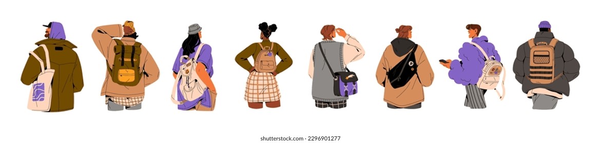 People wearing bags, backpacks set, rear view. Tourists, students with luggage for travel, city, shopping. Men, women backs with packs. Flat graphic vector illustrations isolated on white background