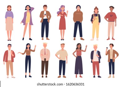 People wearing casual clothes vector illustrations set. Stylish men and women flat characters collection. Youth fashion, different street clothing styles, trendy women and mens outfits