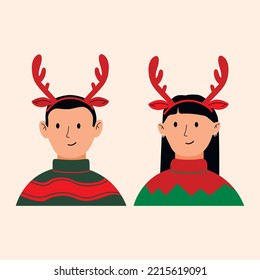 People wearing Christmas headbands with reindeer antlers. Flat vector isolated illustration