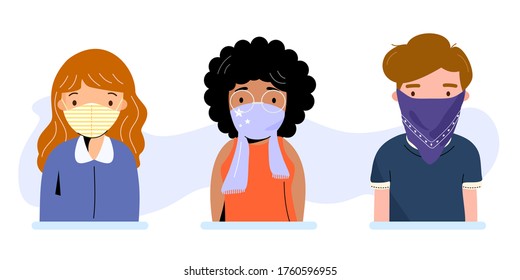 People wearing cloth face covering or washable fabric face mask to help slow spread of Covid19 or Coronavirus. Diverse young adults using handkerchief and scarf protect from virus. Vector illustration