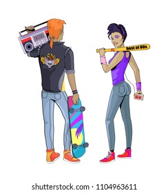 People wearing clothes of 80s, couple with tape recorder cassette player girl holding baseball bat teenage carrying skating board, vector illustration